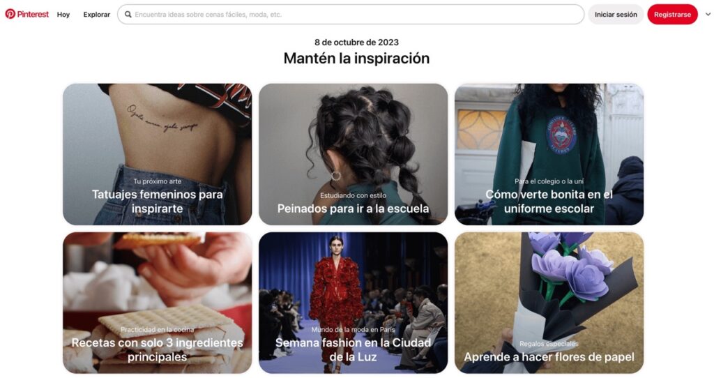 Se muestran diferentes tableros de Pinterest como ejemplo