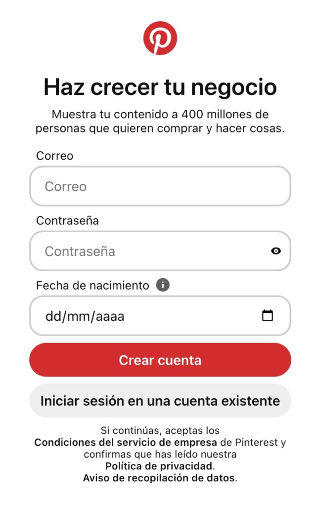 Interfaz para crear una cuenta de Pinterest Business