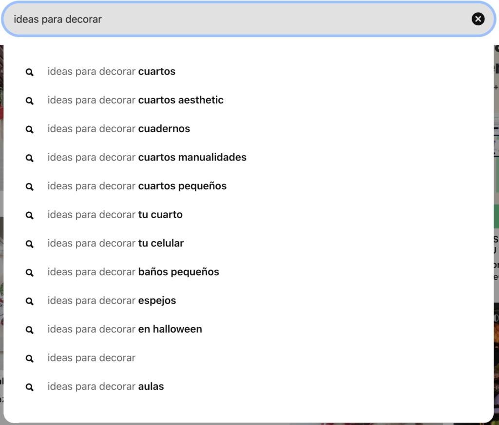 Investigación de palabras clave en Pinterest con ayuda del buscador de la plataforma